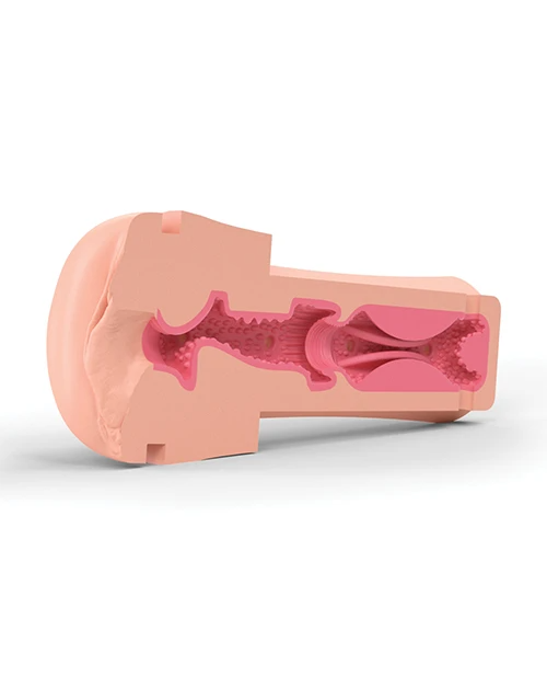 A cutaway view of a pink, textured masturbator sleeve with internal ridges.