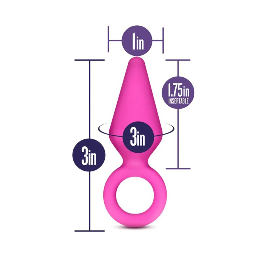 Pink silicone anal plug with pull ring and size indicators.
