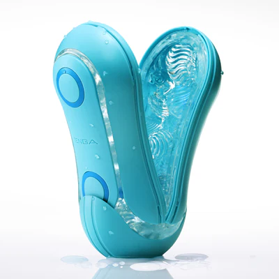 A blue Tenga Flip Orb masturbator with internal textures and water droplets.