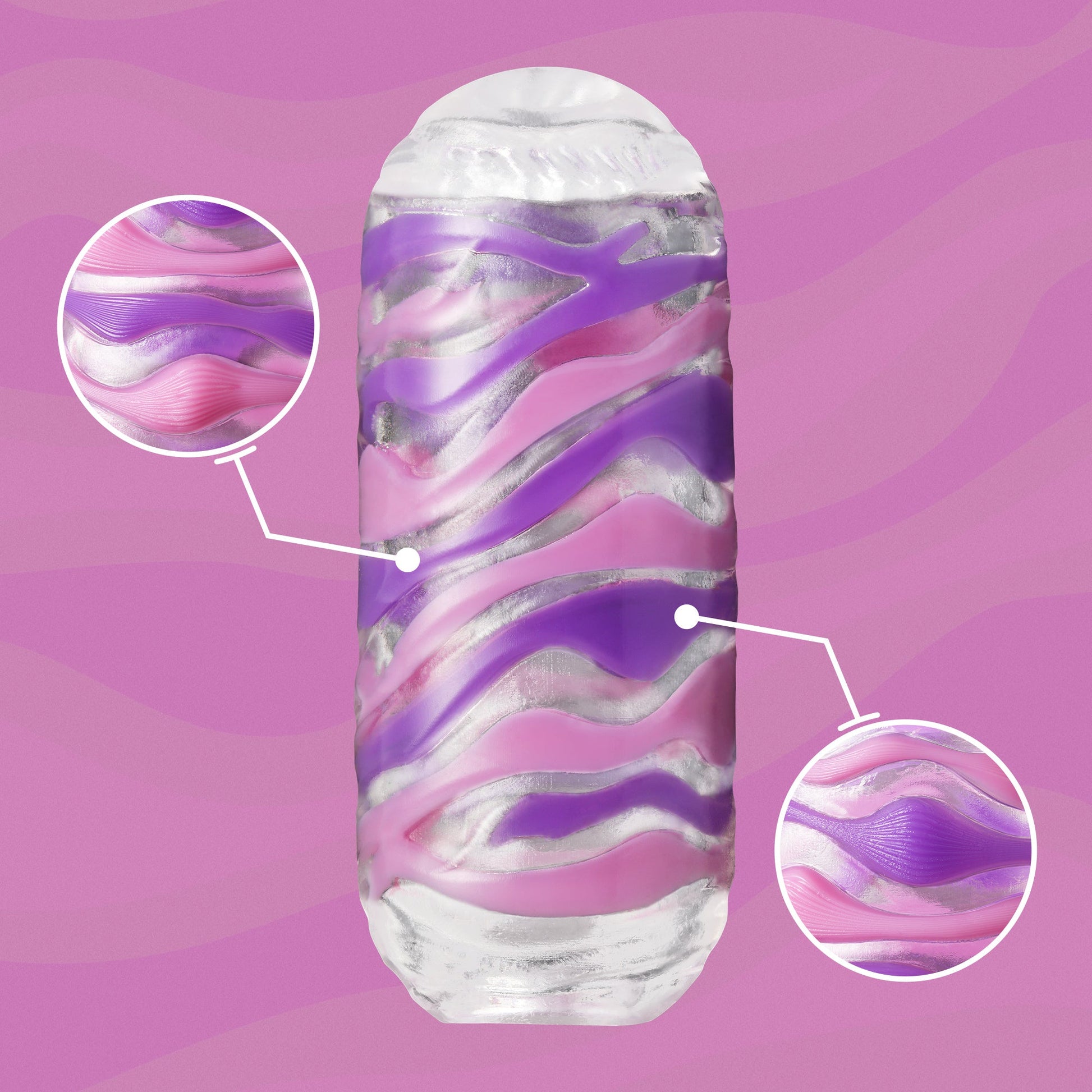 Tenga Arte Series Drape Soft Elastomer Male Masturbator with purple and pink wavy textures.