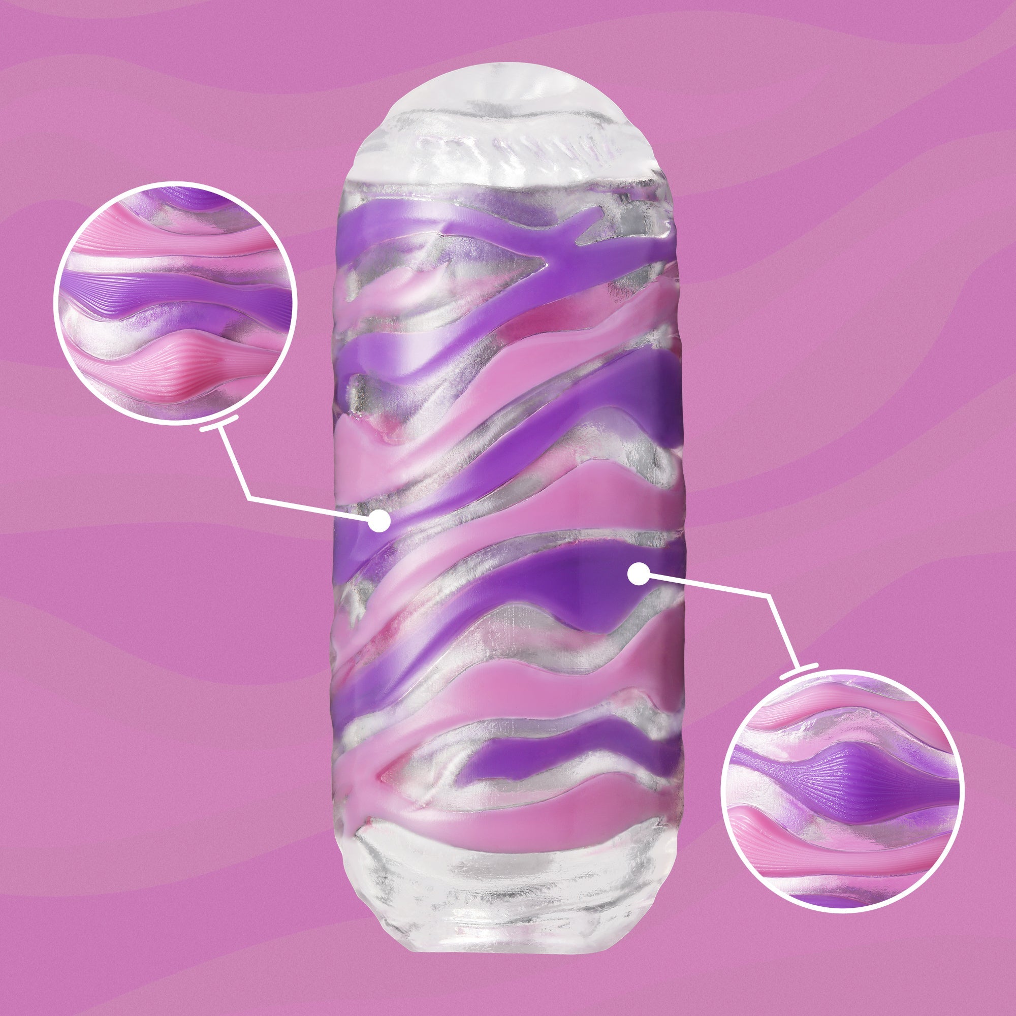 Tenga Arte Series Drape Soft Elastomer Male Masturbator with purple and pink wavy textures.