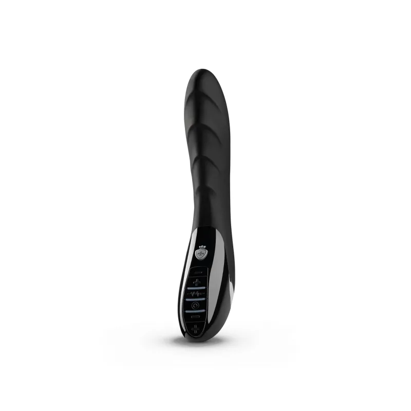 Black e-stim vibrator with dual motors and control buttons.