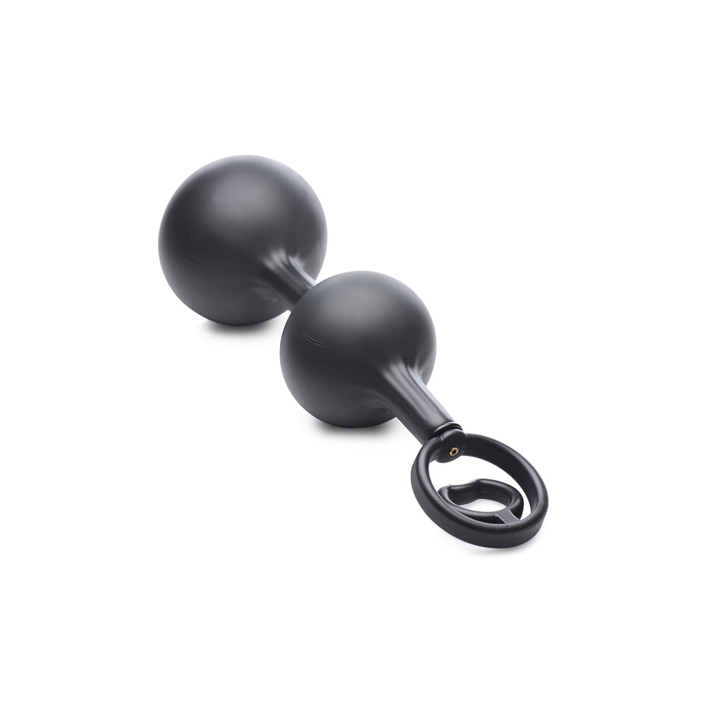 Black inflatable silicone anal plug with cock ring.