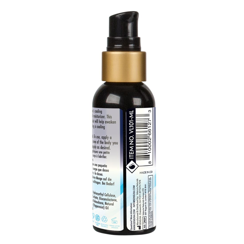 A black bottle of Sensuva cooling water-based personal lubricant with a pump dispenser.