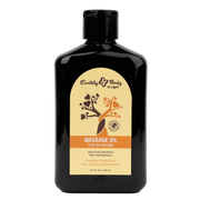 Black bottle of Earthly Body massage oil with a yellow label featuring a tree and text.