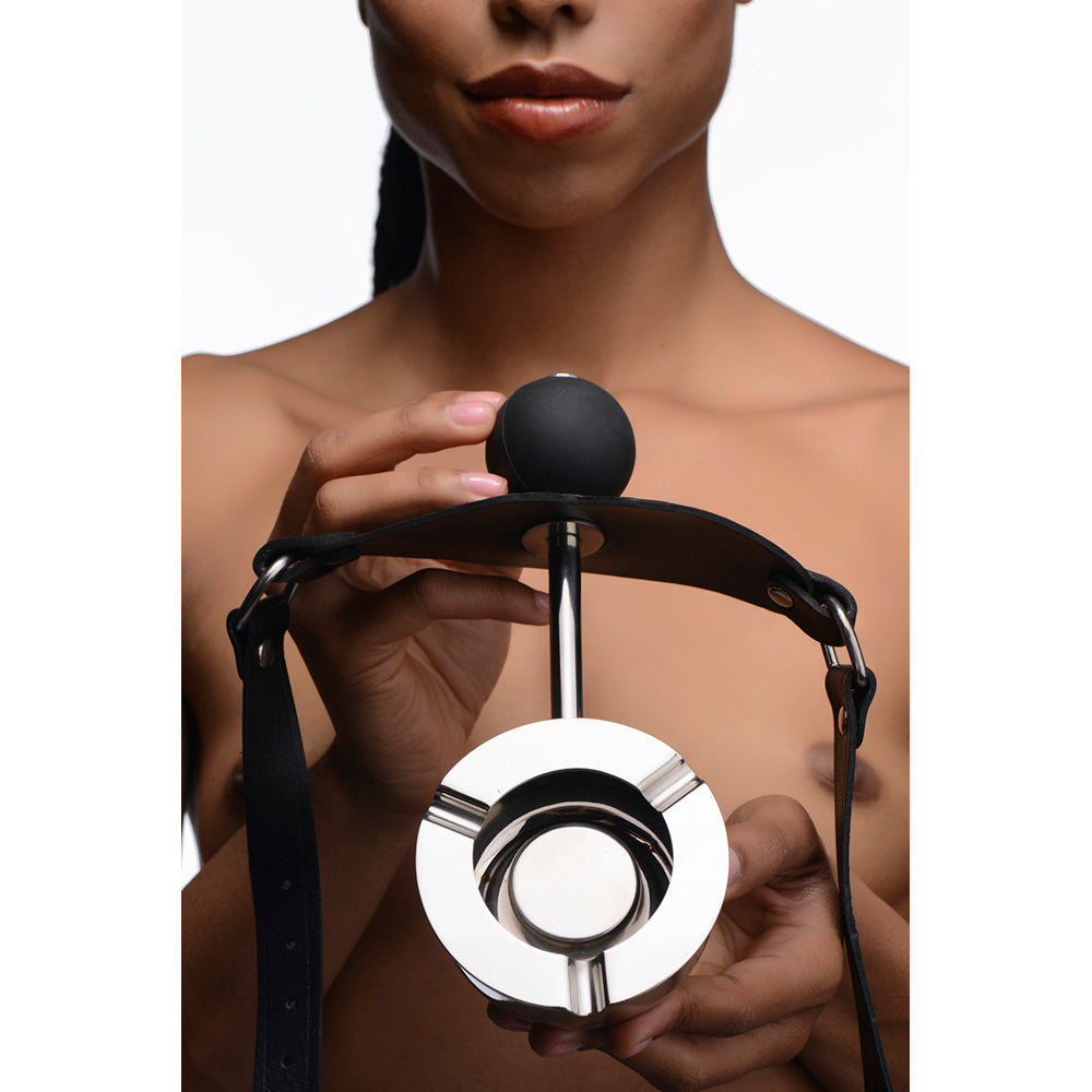 Leather ball gag with a detachable stainless steel ashtray.