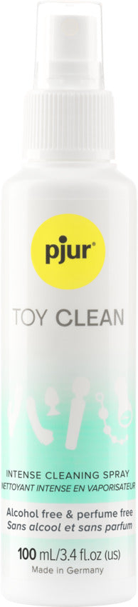 Pjur Toy Clean 100ml spray bottle with yellow logo and white cap.