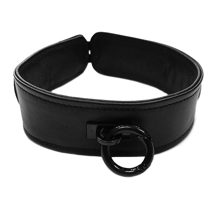 Adjustable black leather collar with a detachable O-ring.