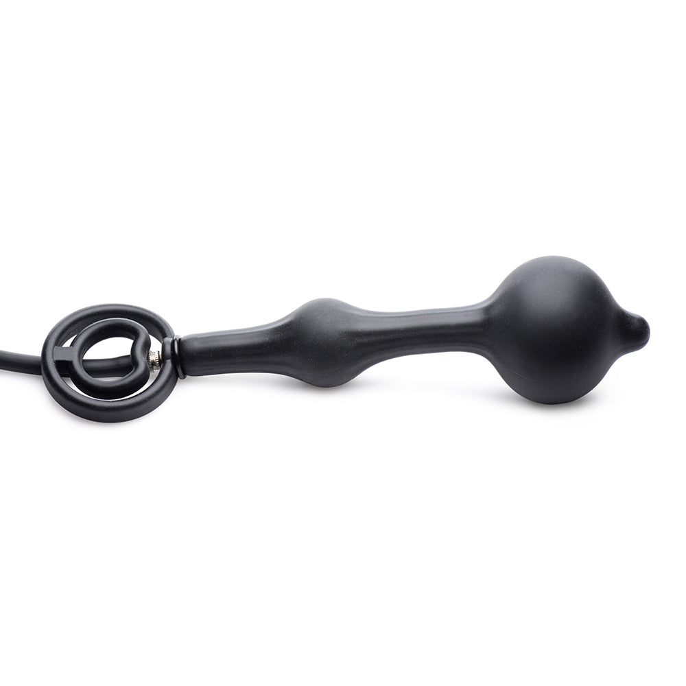 Black inflatable silicone anal plug with cock ring.