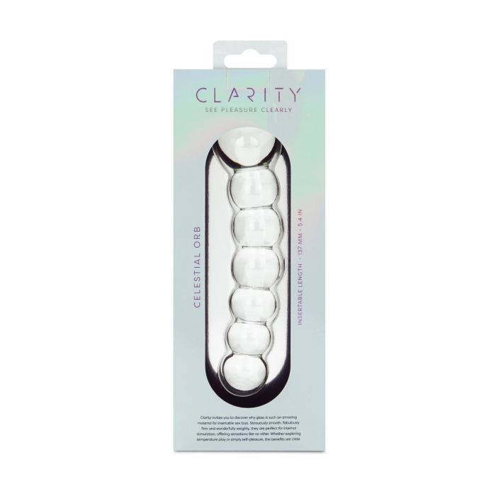 A clear glass dildo with five rounded segments, labeled Celestial Orb.