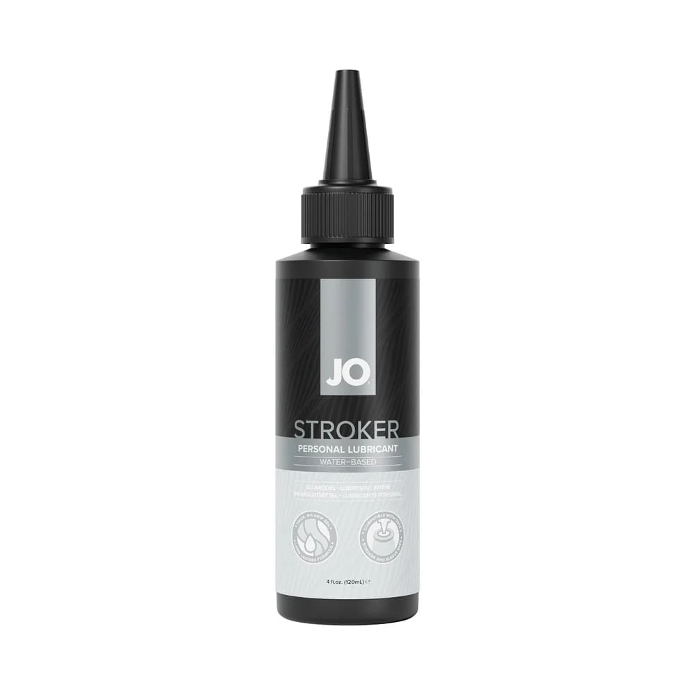 JO Stroker water-based personal lubricant in a black bottle with a black cap.