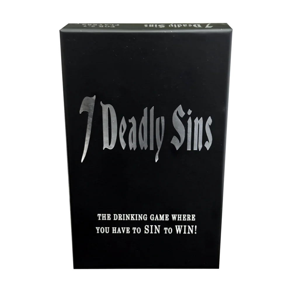 A black box for the 7 Deadly Sins drinking game with silver text.