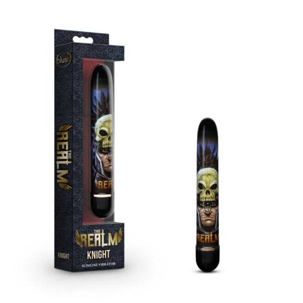 A blue ABS plastic vibrator with a knight and skull design, shown in its packaging and alone.