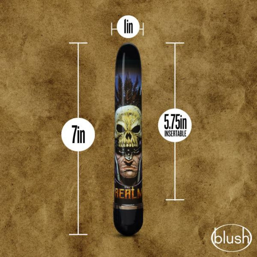 Blue ABS plastic vibrator with skull and knight design, 7 inches long.