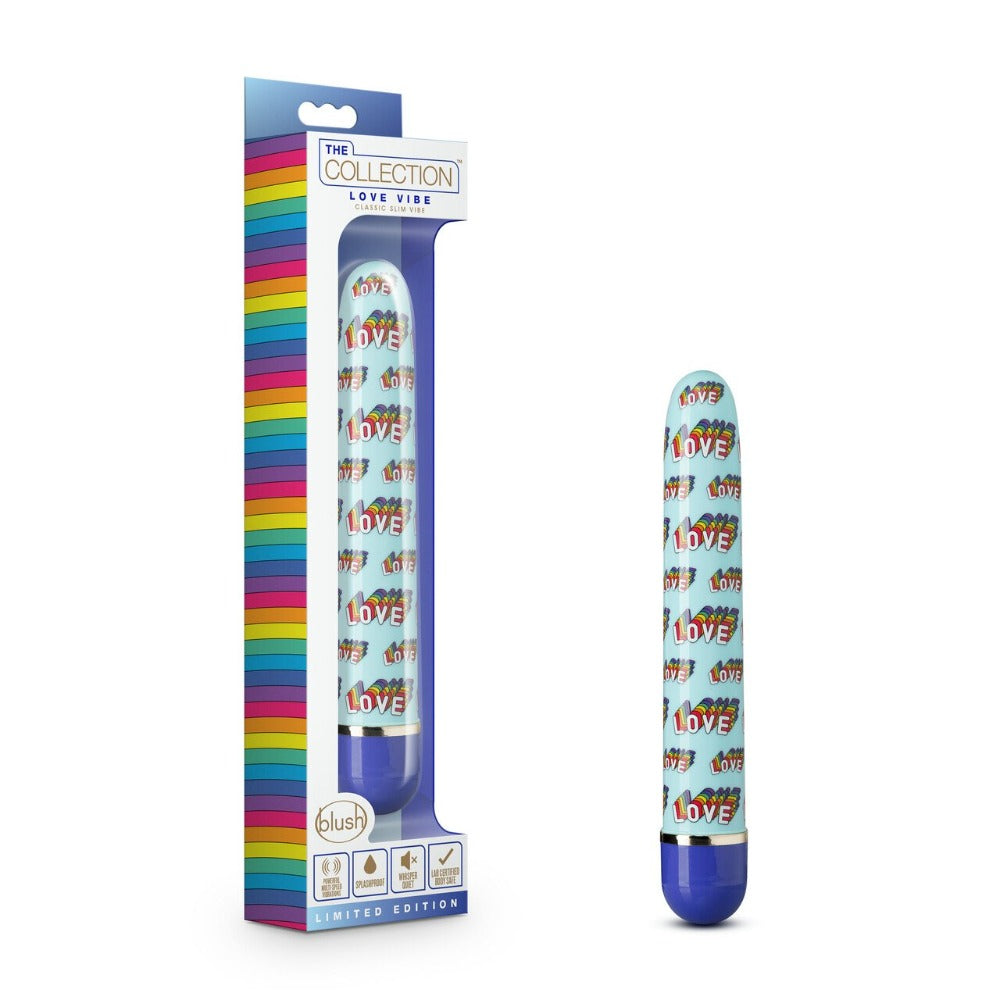 Blue vibrator with rainbow "love" pattern in packaging and on product.