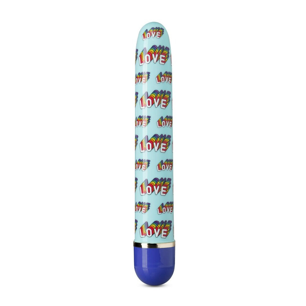 Blue vibrator with repeating rainbow "love" pattern and a blue base.
