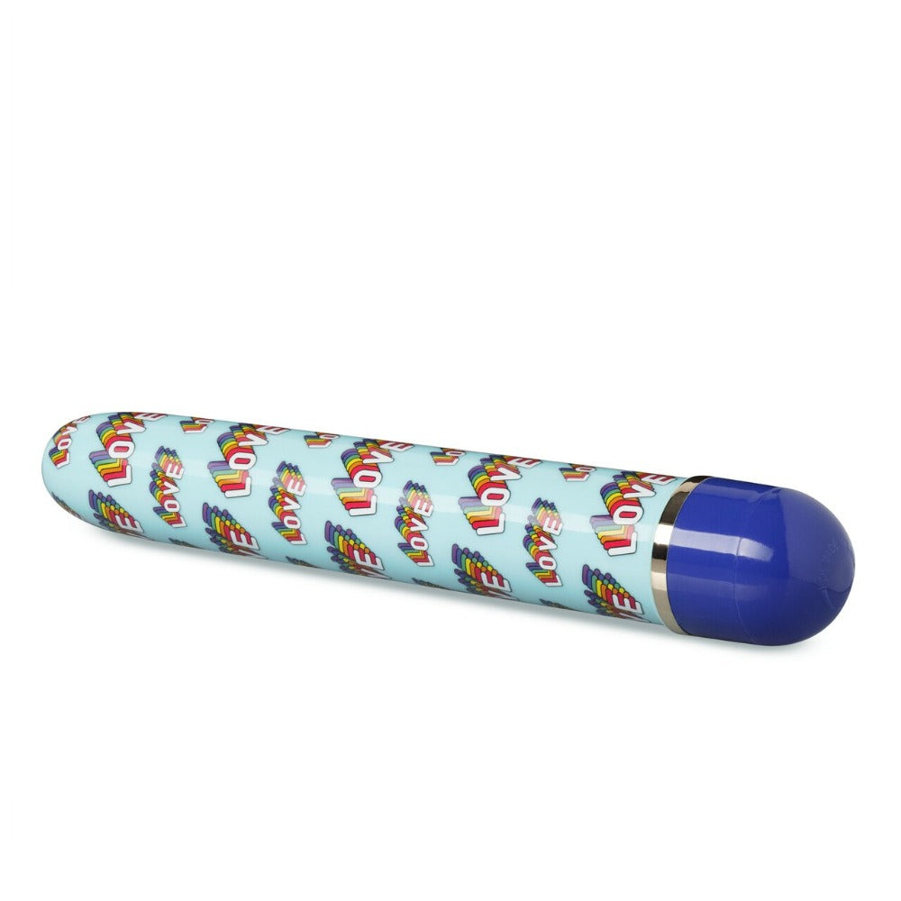 Blue vibrator with a repeating rainbow "love" pattern and a blue tip.