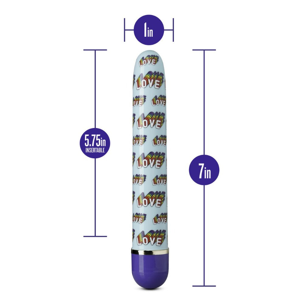 Blue vibrator with rainbow love pattern, 7 inches long and 1 inch wide.