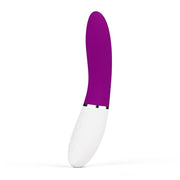 A deep rose and white app-controlled vibrator with a curved tip.