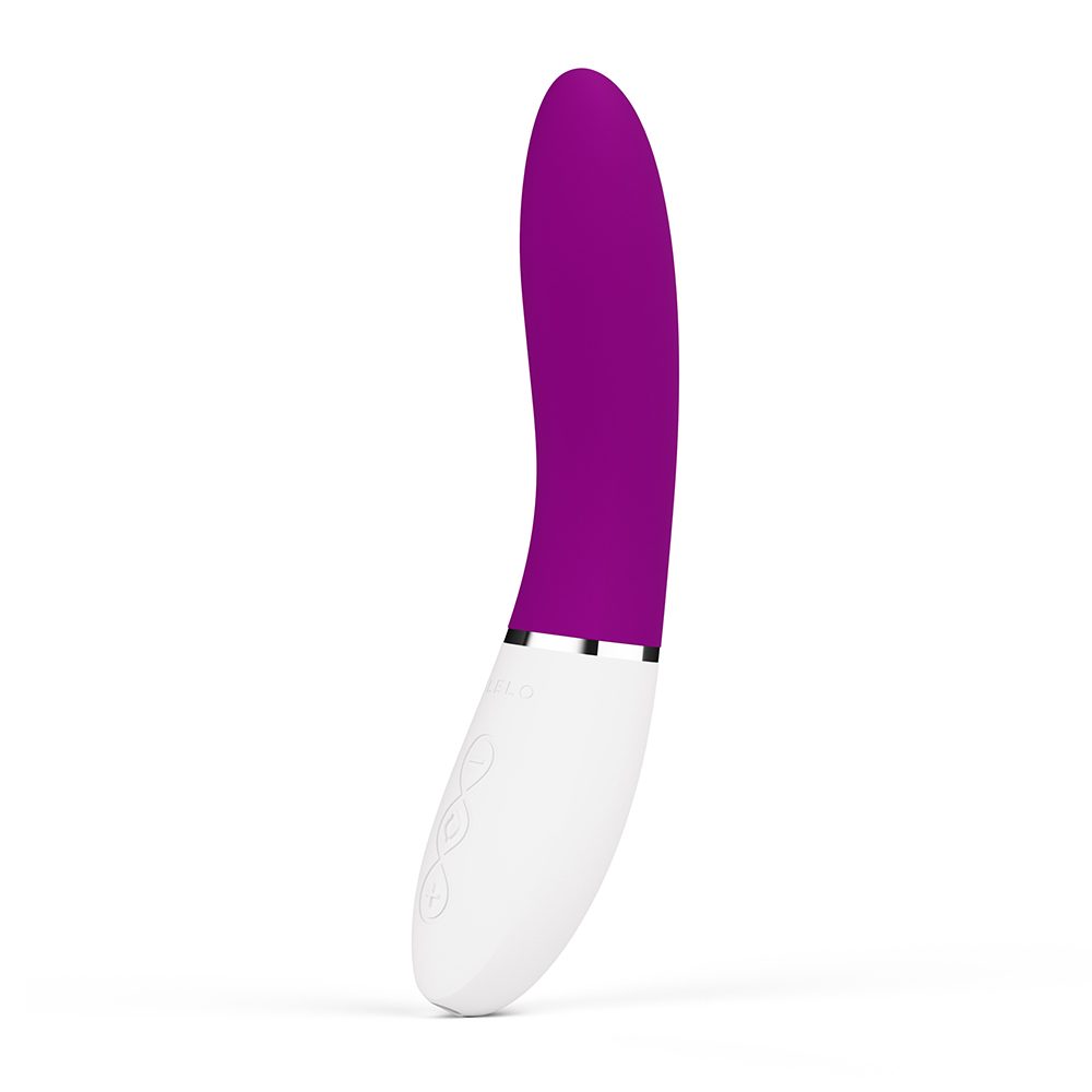 A deep rose and white app-controlled vibrator with a curved tip.