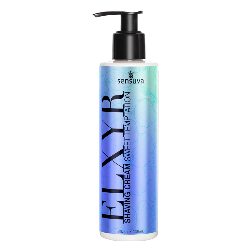 Sensuva Sweet Temptation moisturizing shaving cream in an 8oz pump bottle.