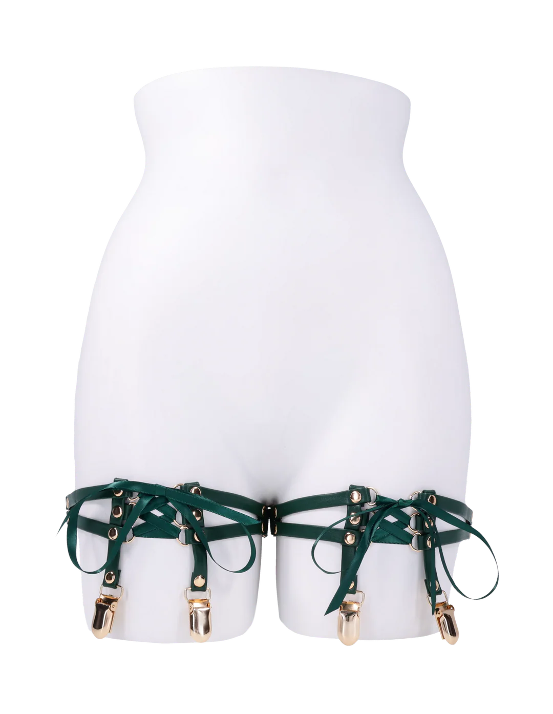 Emerald faux leather garters with gold clips and lace-up detail on a mannequin.