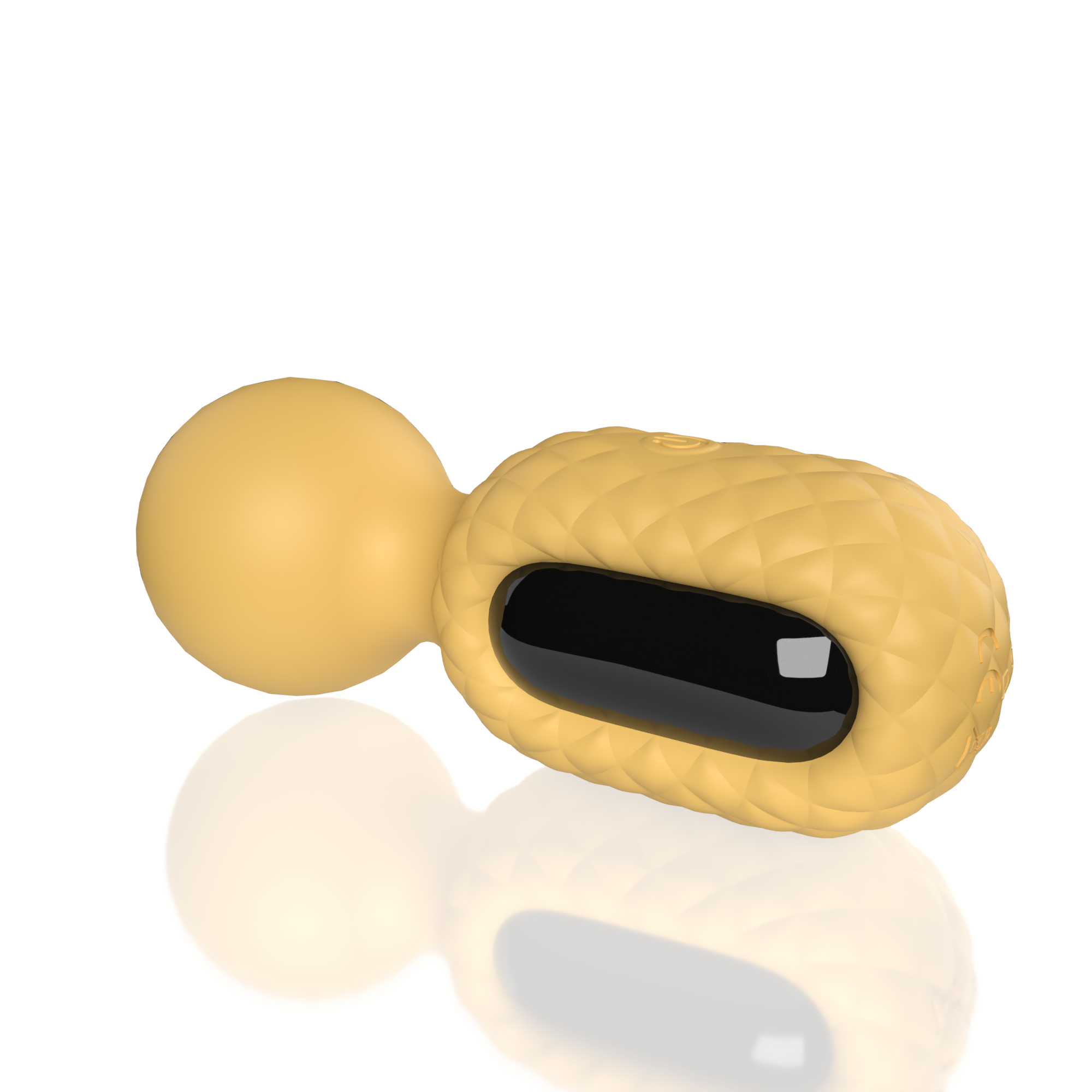 A yellow, peanut-shaped vibrator with a black insert and a round end, shown on a white reflective surface.