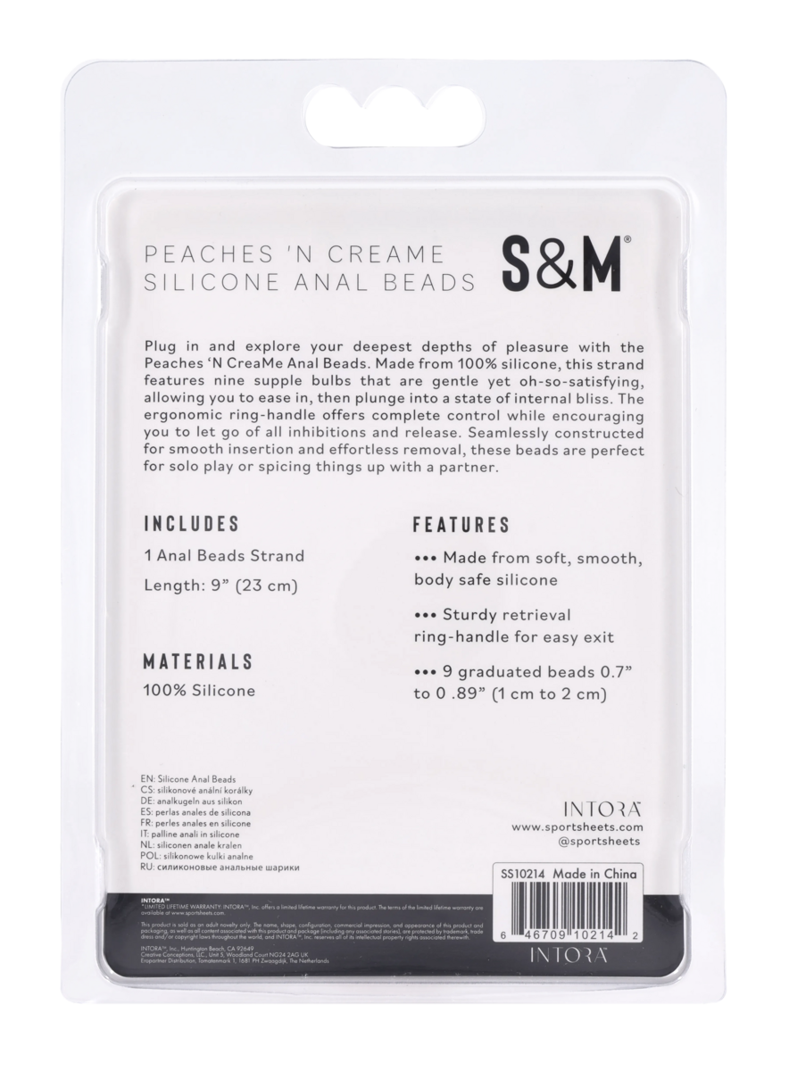 Silicone anal beads with 9 graduated bulbs and a retrieval ring.