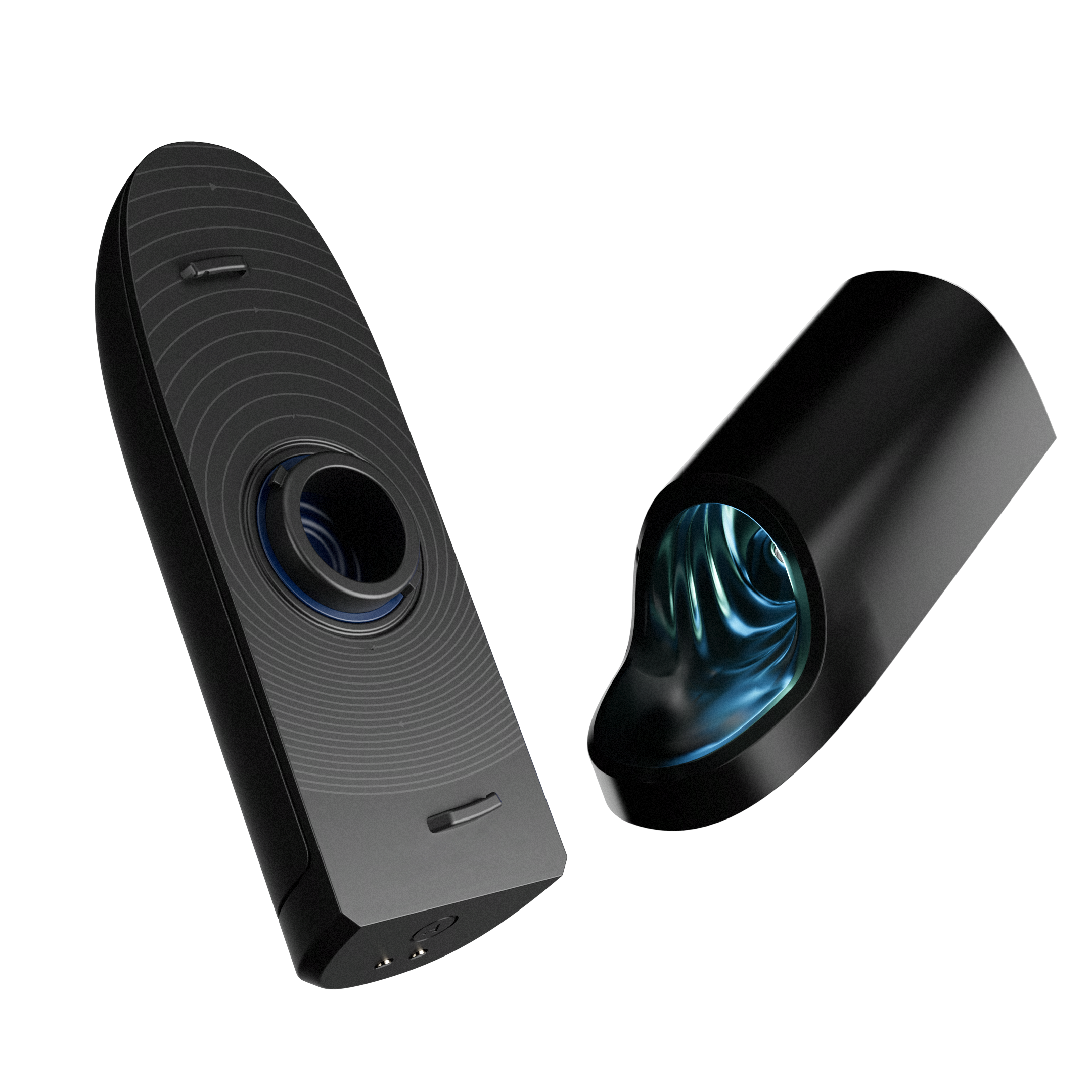 Black male stroker with textured surface and blue interior.