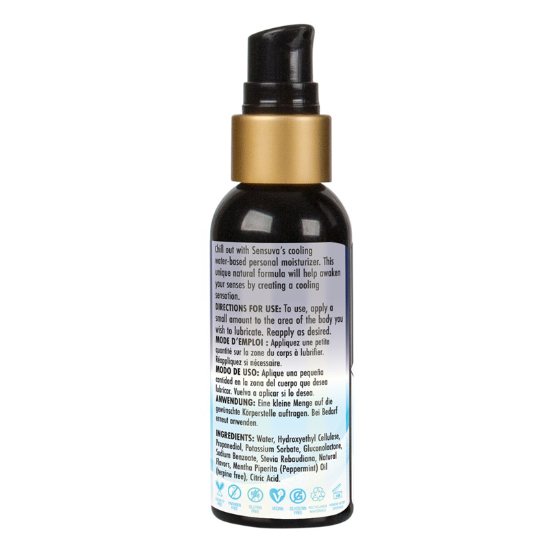 Sensuva cooling water-based personal lubricant in a dark bottle with a pump dispenser.