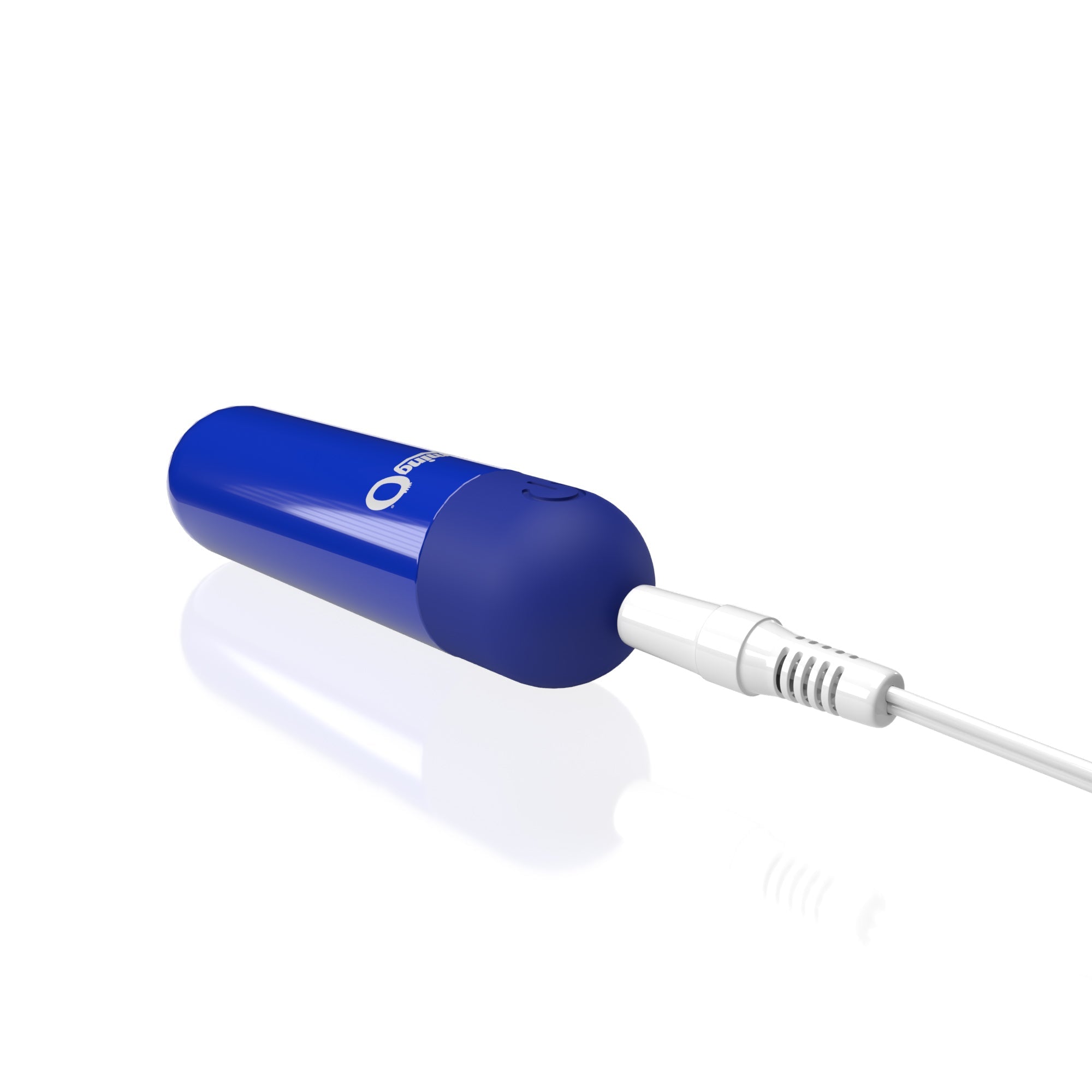 Blue rechargeable bullet vibrator with a white charging cable.