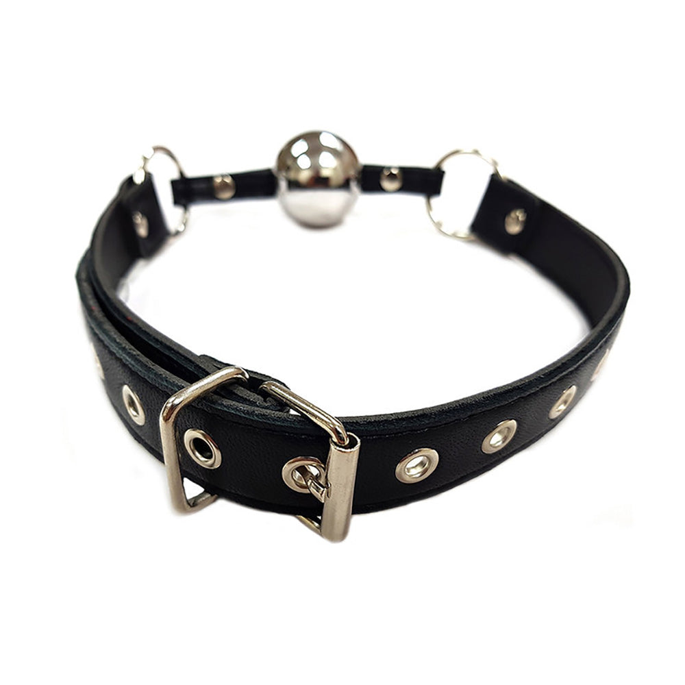 Black leather strap with a silver ball gag and metal buckle.