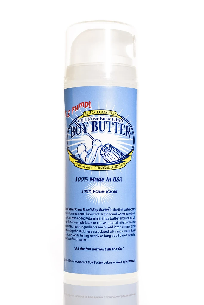 Boy Butter water-based cream lube with shea butter in a pump bottle.
