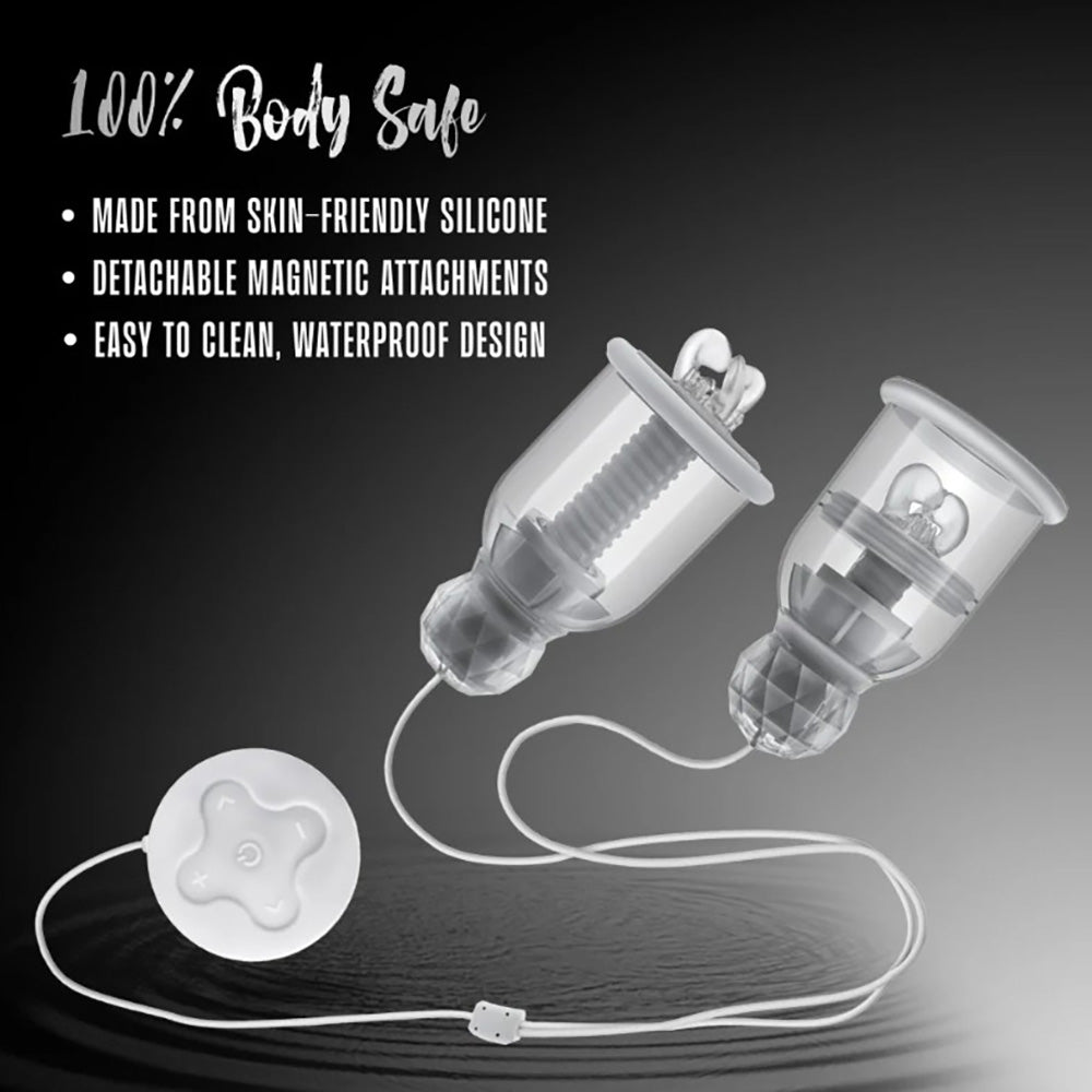 Wearable nipple massager with remote and silicone attachments.