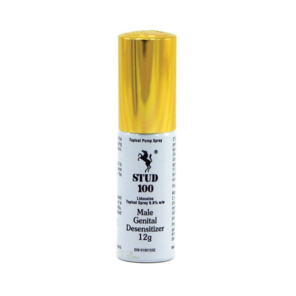Stud 100 male genital desensitizer spray with a gold cap.