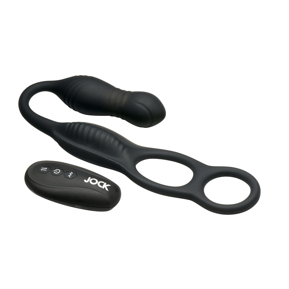 Black remote-controlled anal plug with C-ring and taint stimulator.