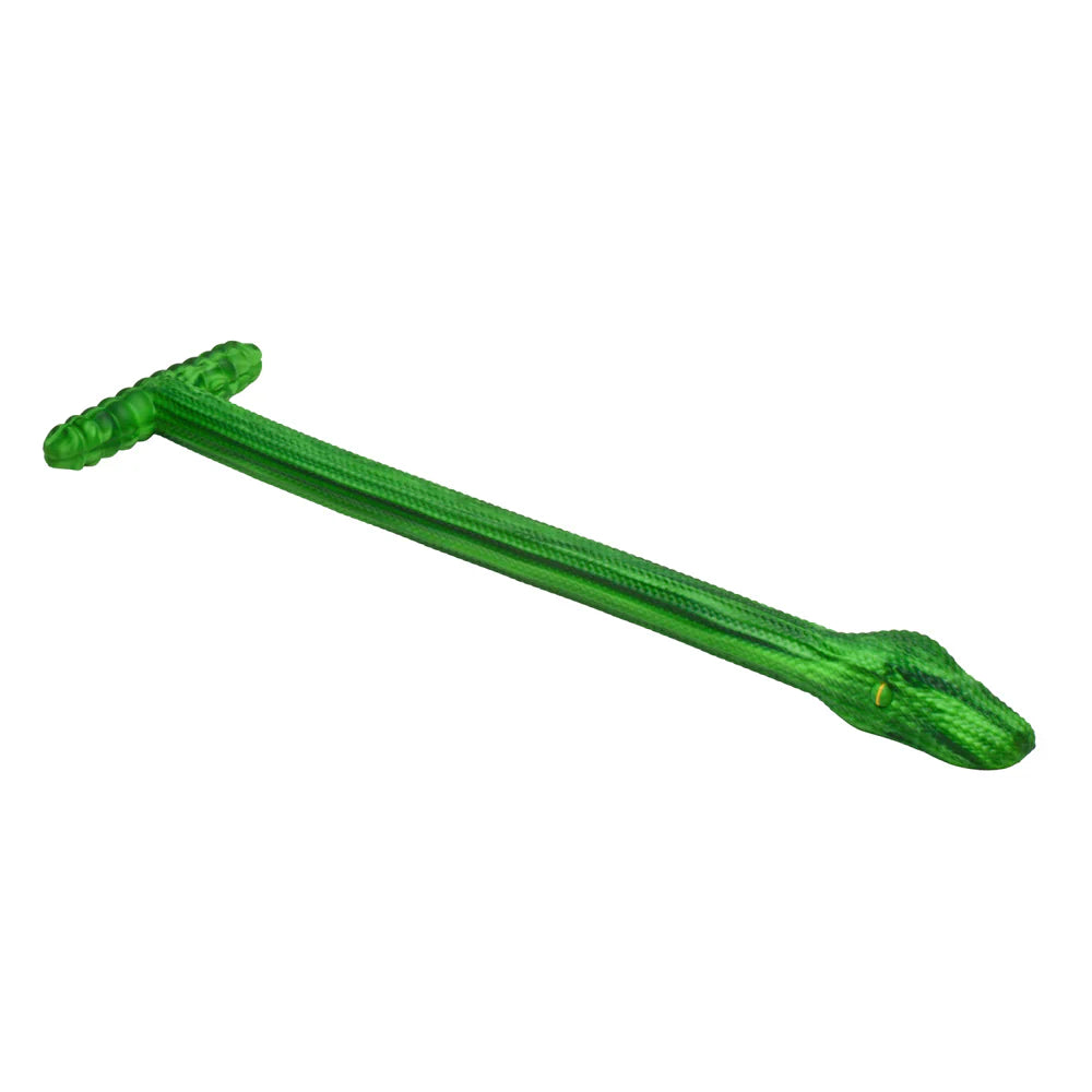Green textured silicone anal snake dildo with a T-shaped handle.