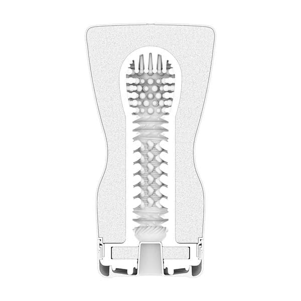 A cross-section of a white male masturbator with textured internal surfaces.