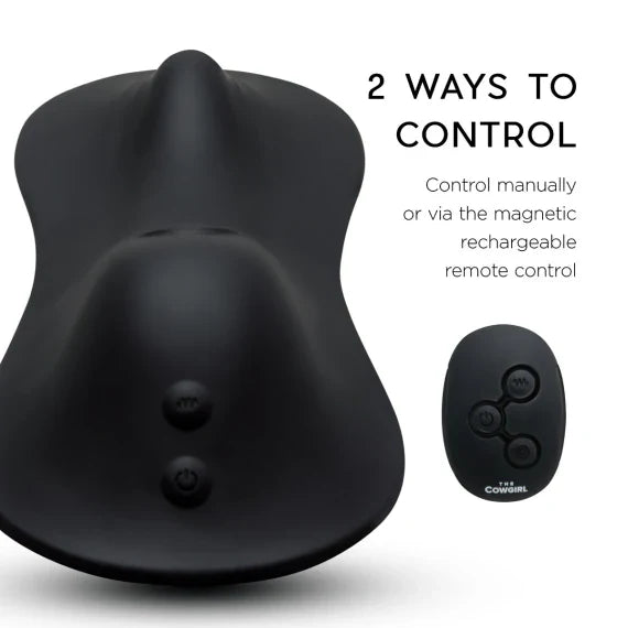 Black clitoral tapper with two manual buttons and a remote control.
