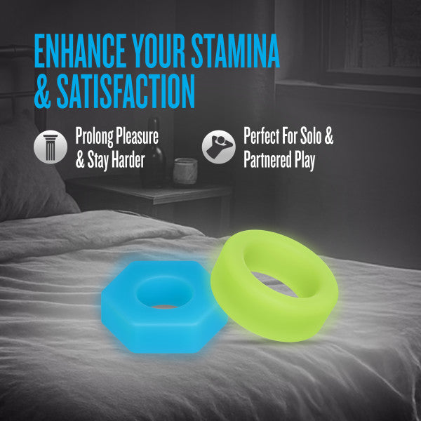 Glow in the dark silicone cock rings in blue and green.