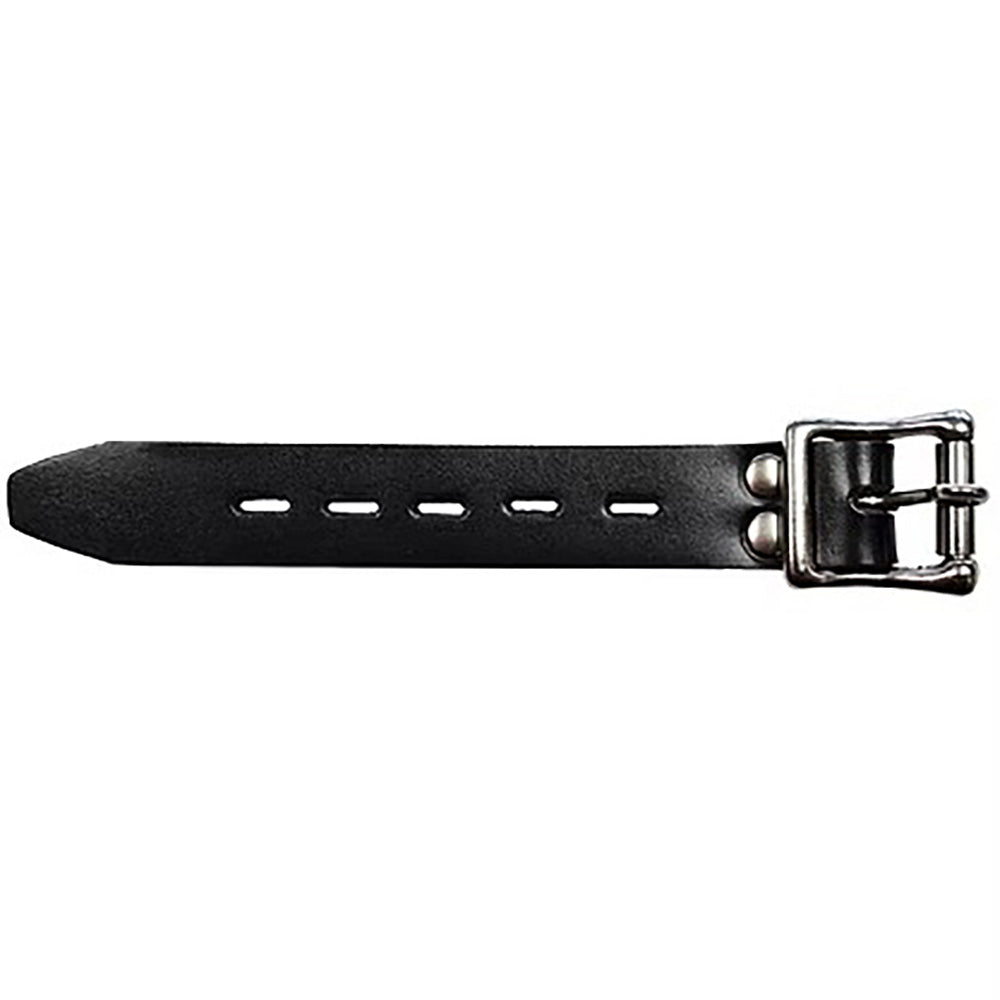 Black leather belt extender with silver buckle and five holes.