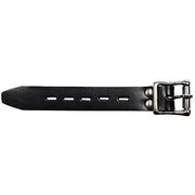 Black leather belt extender with silver buckle and five holes.