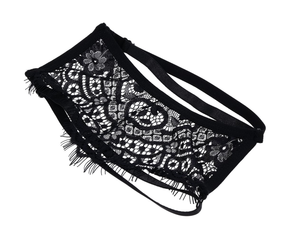 Black lace blindfold with fringe and adjustable straps.