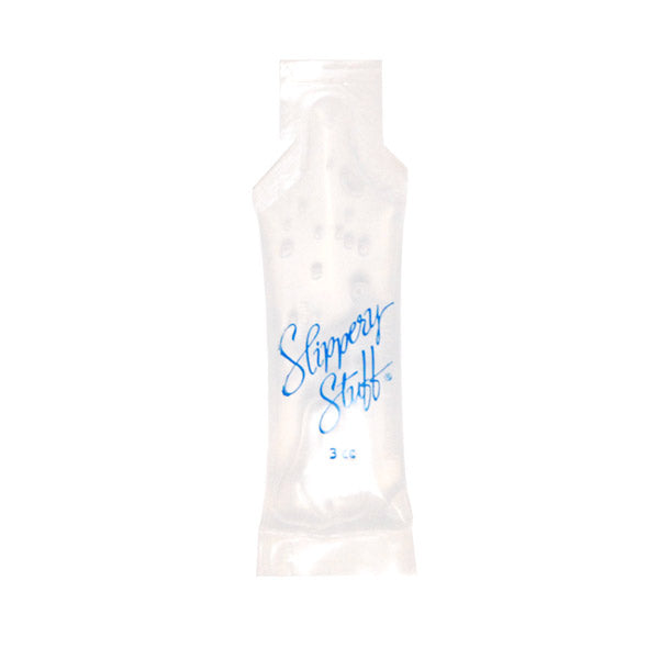 A single-use pillow pack of Slippery Stuff water-based personal lubricant.