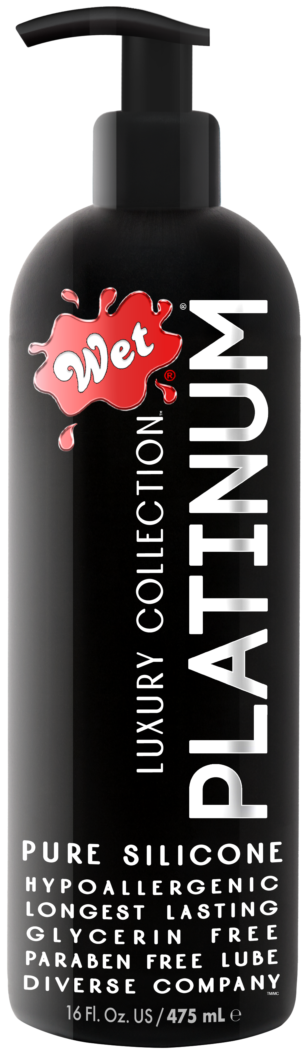 Black bottle of Wet Platinum silicone-based lubricant with white text.