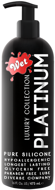 Black bottle of Wet Platinum silicone-based lubricant with white text.