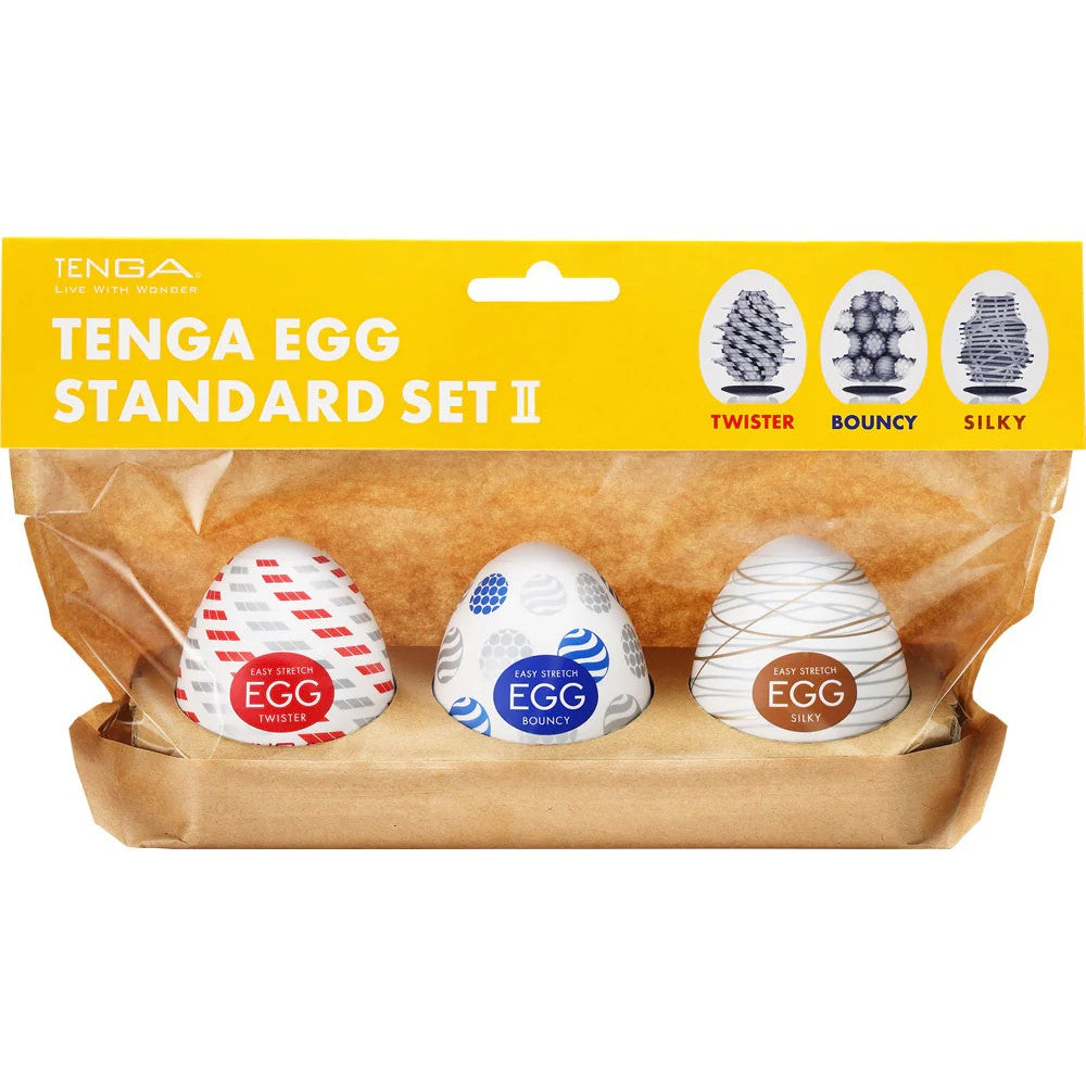 Tenga Egg Standard Set II with three textured masturbators: Twister, Bouncy, and Silky.