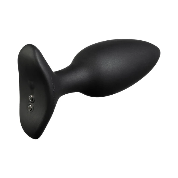 Black vibrating butt plug with a flared base and two silver studs.