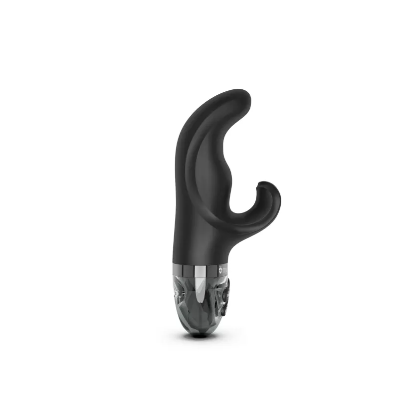 Black silicone dual stimulator with a curved design and clear base.