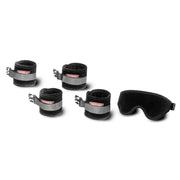 Black microfiber restraint cuffs with faux fur lining and a matching blindfold.